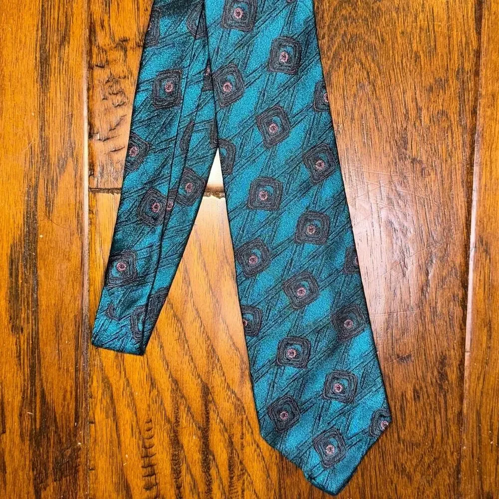 Bachrach Textured 100% Silk Repp Tie Made in USA Geometric Teal Blue & Black
